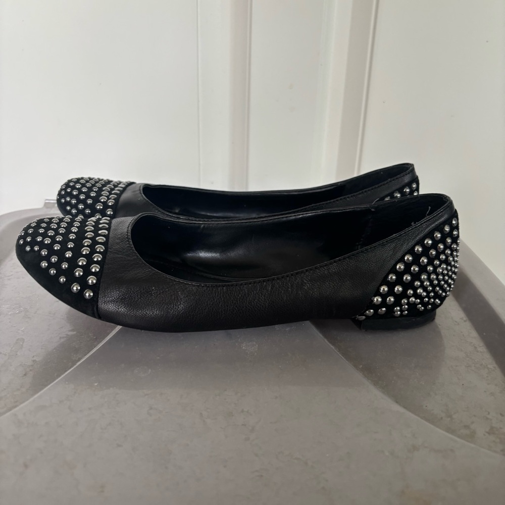 Arturo Chiang Black Leather Flats with Silver Studs